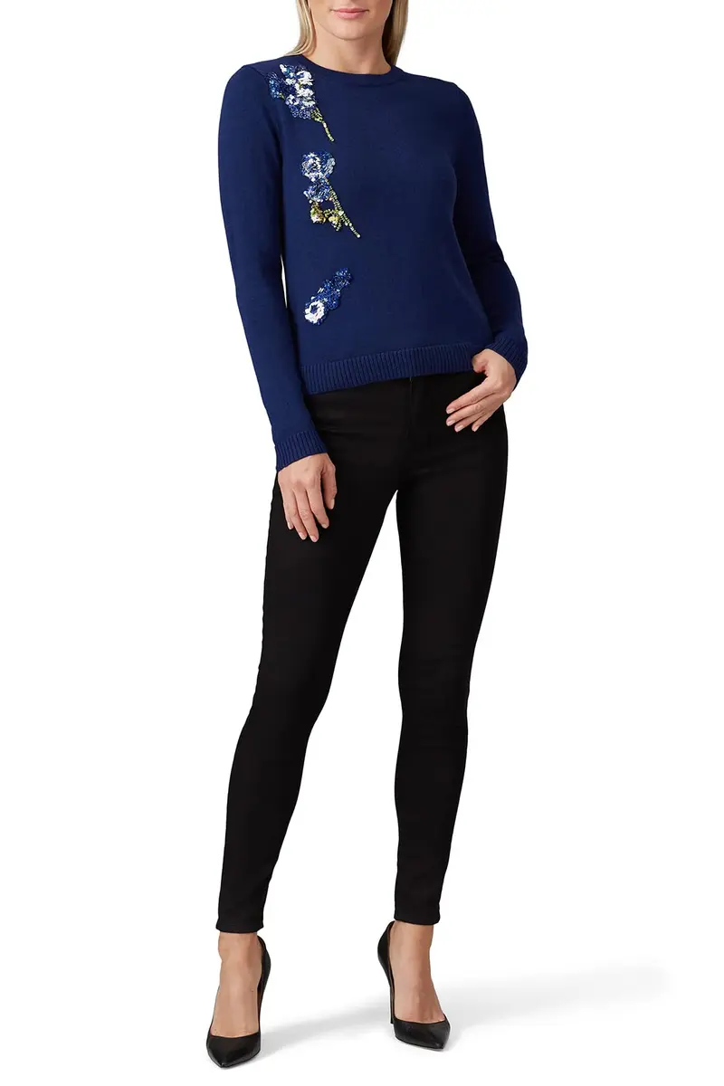 Prabal Gurung Collective Applique Sweater Navy Large | Floral Luxe Texture - main product image