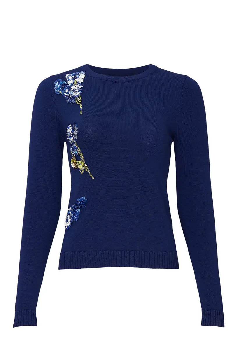 Prabal Gurung Collective Applique Sweater Navy Large | Floral Luxe Texture - view 2