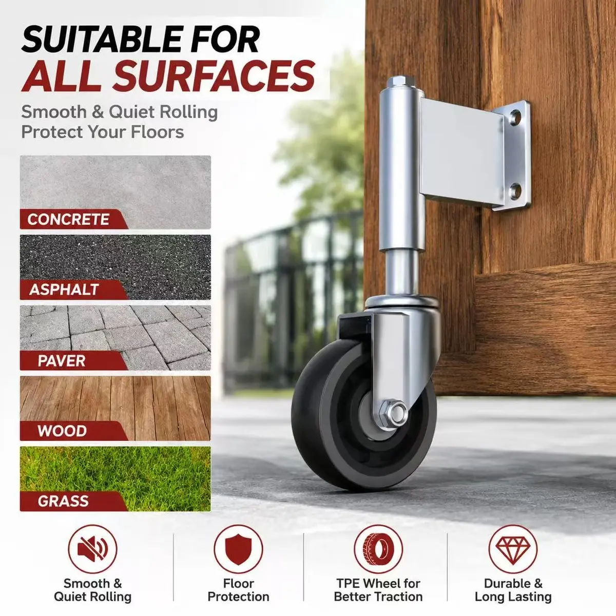 Homhoo Spring Loaded Gate Wheel 10.2cm (4 Inch) 2 Pack | Heavy Duty Steel Swivel Caster for Outdoor Wooden Gates, 330 LBS Load Capacity - view 4