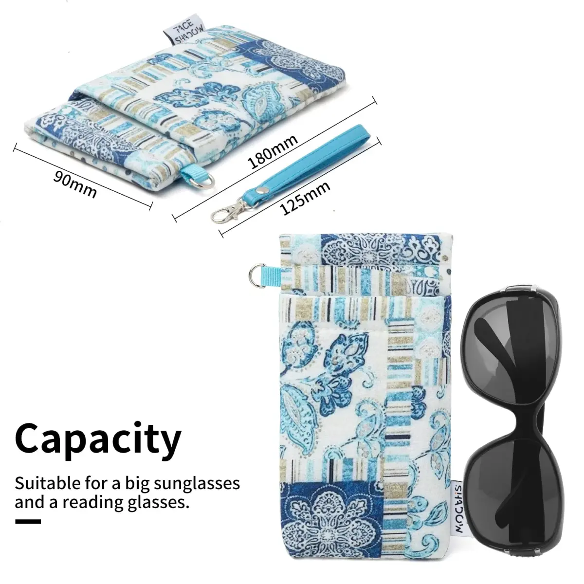 Face Shadow Blue Plant Double Glasses Case with Wrist Strap | Soft Eyeglass Case for Women & Men - view 3