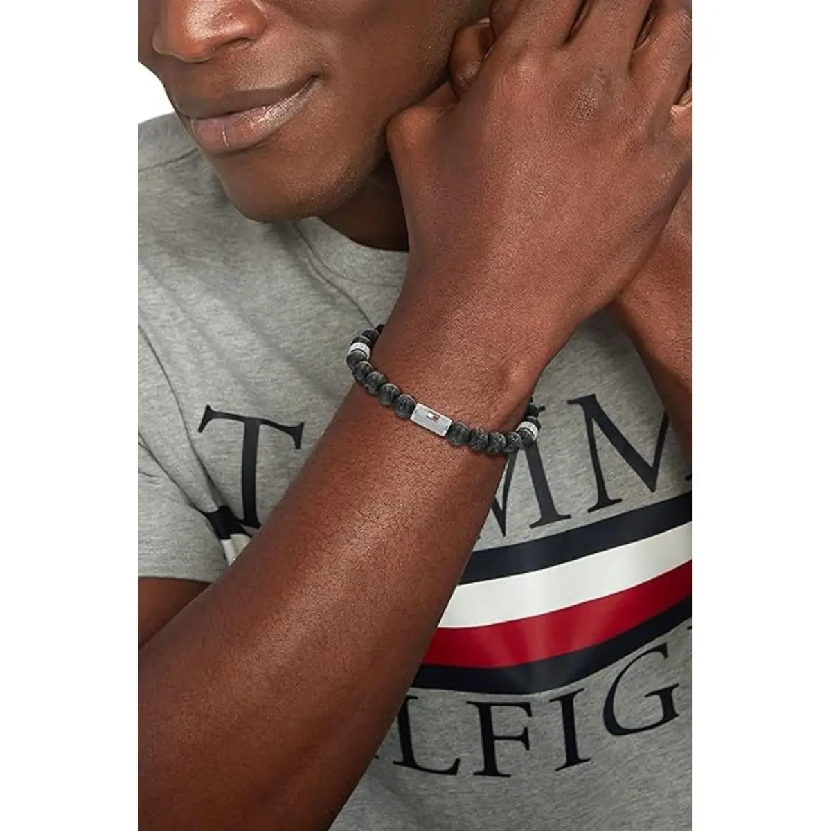 Tommy Hilfiger Men's Jewelry Stainless Steel Black Lava Bead Bracelet | Beaded Style with Stretch Closure - view 2