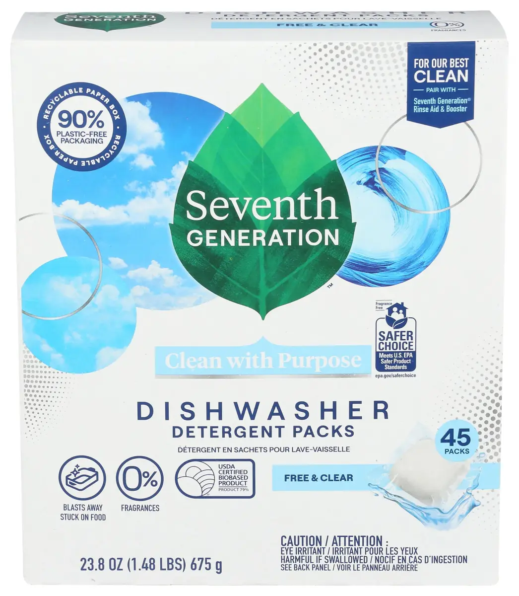 Seventh Generation Free & Clear Dishwasher Detergent Packs 45 Count | USDA Certified Biobased Product - main product image