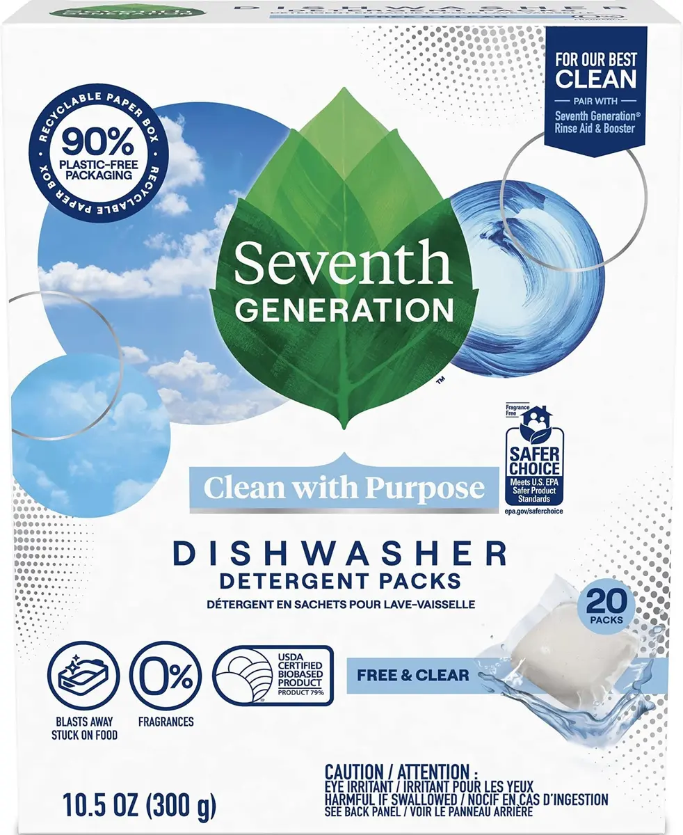 Seventh Generation Free & Clear Dishwasher Detergent Packs, 20 Count (0.349 kg) | USDA Certified Biobased 78% - main product image