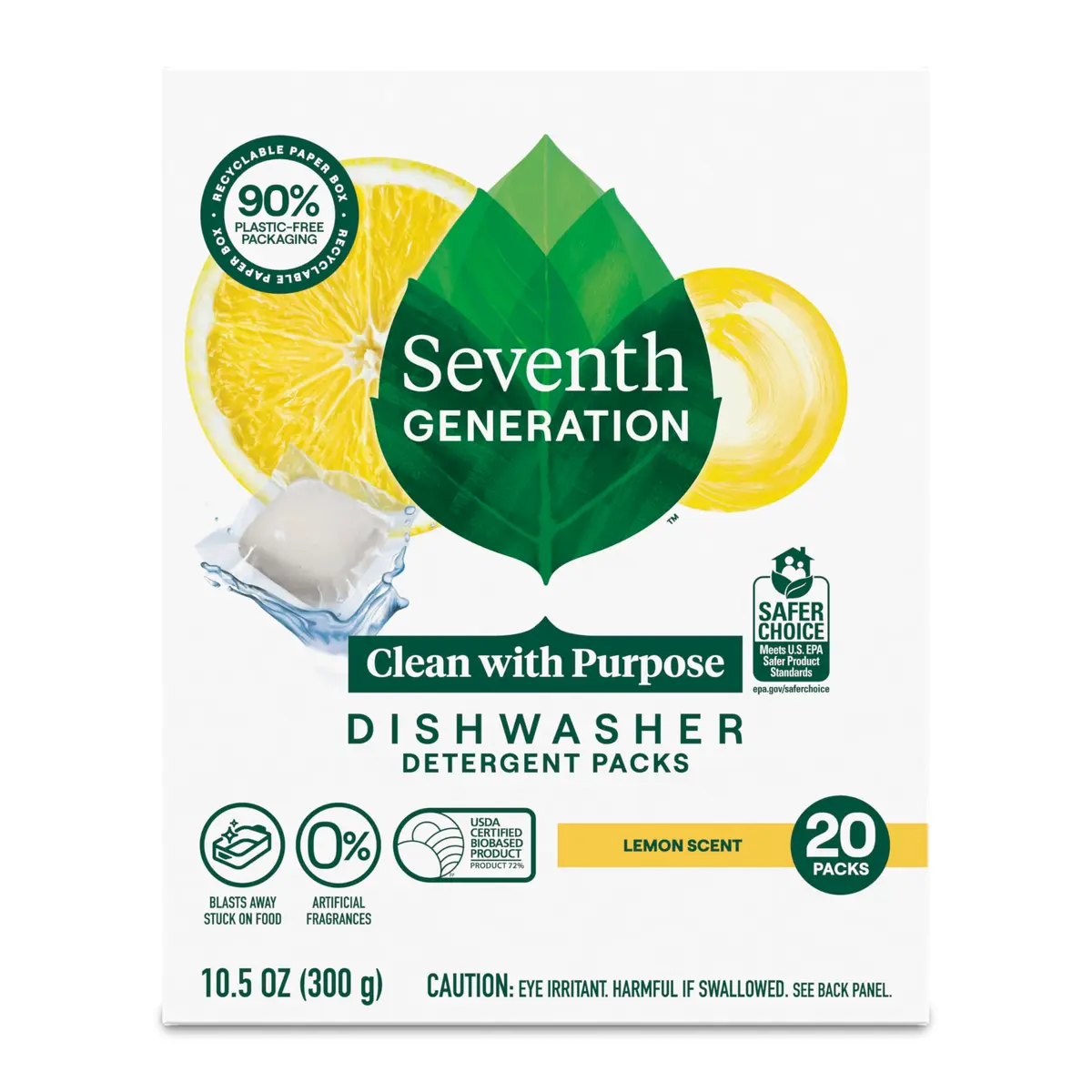 Seventh Generation Dishwasher Detergent Pods Lemon Scent 20 Count (Pack of 1) | USDA Certified Biobased Product 78% - main product image