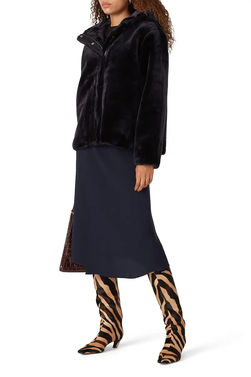Samsøe Sabal Faux Fur Jacket | Hooded, Blue, Medium | Trendy Pre-Loved Coat - main product image