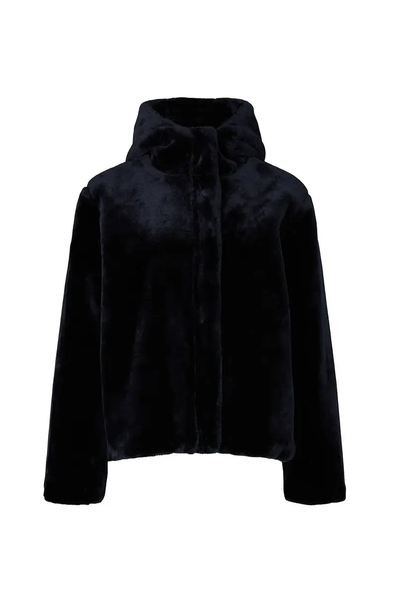 Samsøe Sabal Faux Fur Jacket | Hooded, Blue, Medium | Trendy Pre-Loved Coat - view 2