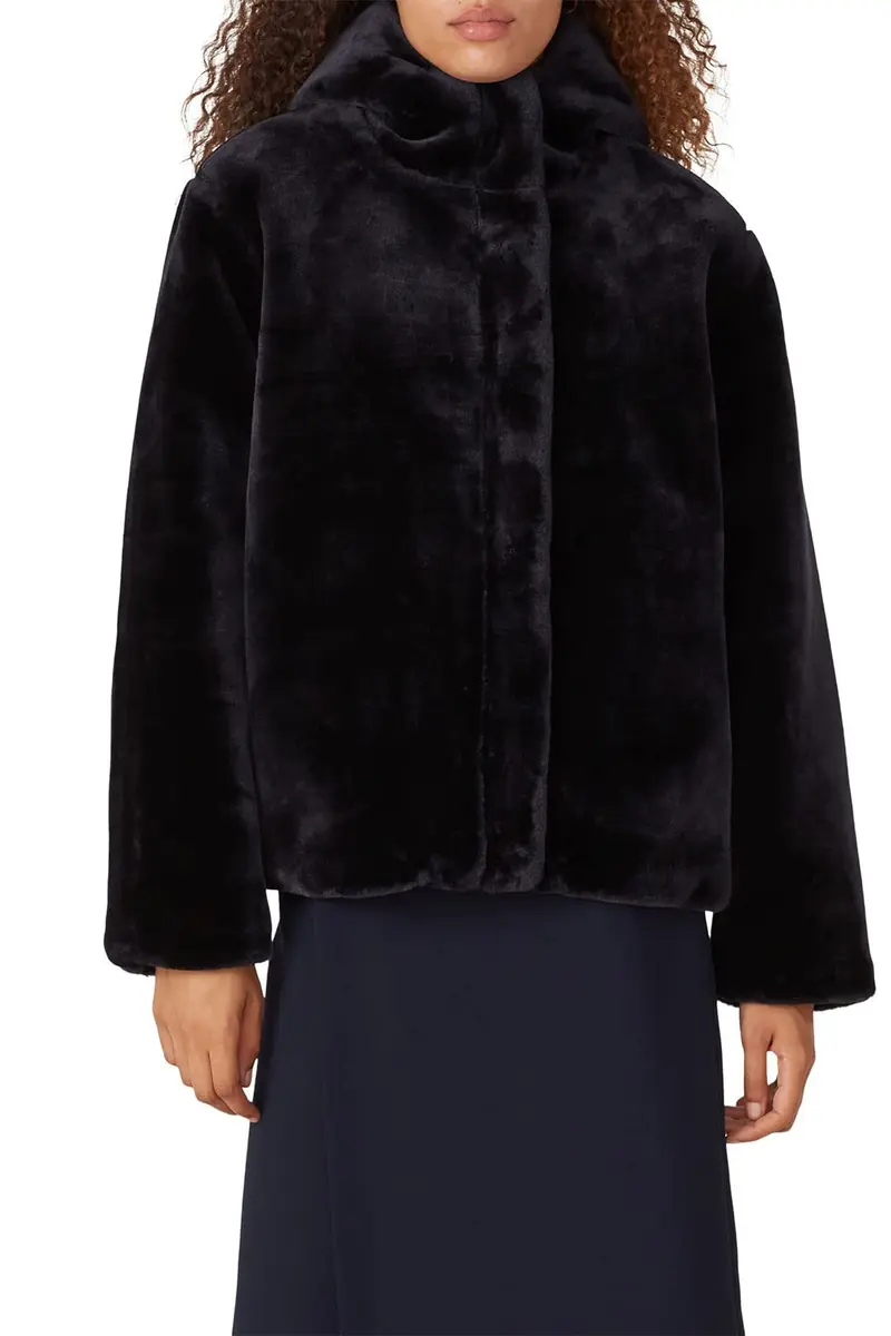 Samsøe Sabal Faux Fur Jacket | Hooded, Blue, Medium | Trendy Pre-Loved Coat - view 3