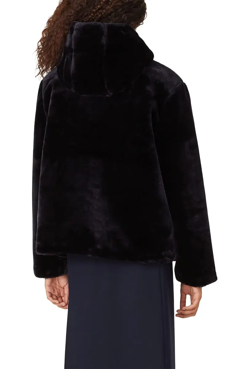 Samsøe Sabal Faux Fur Jacket | Hooded, Blue, Medium | Trendy Pre-Loved Coat - view 4