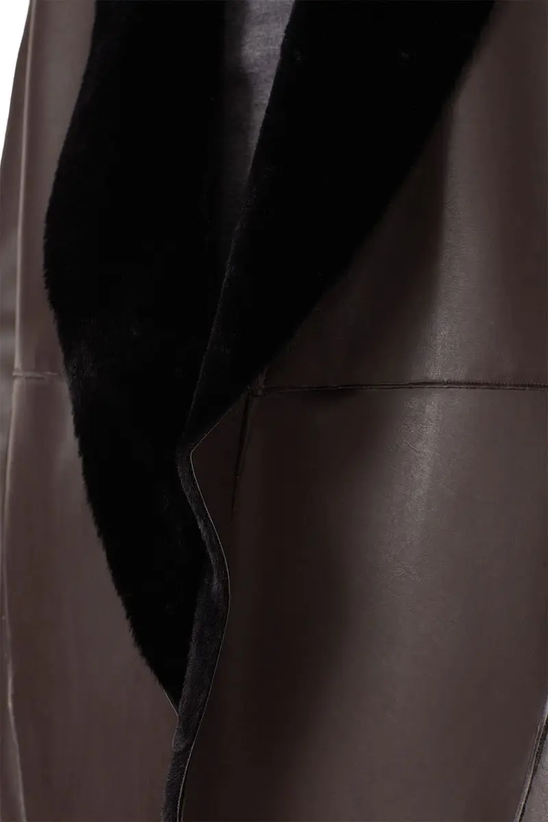 Victor Alfaro Collective Brown Faux Leather Coat Medium | Plush Shawl Collar, Fitted Fit, Fall Season - view 5