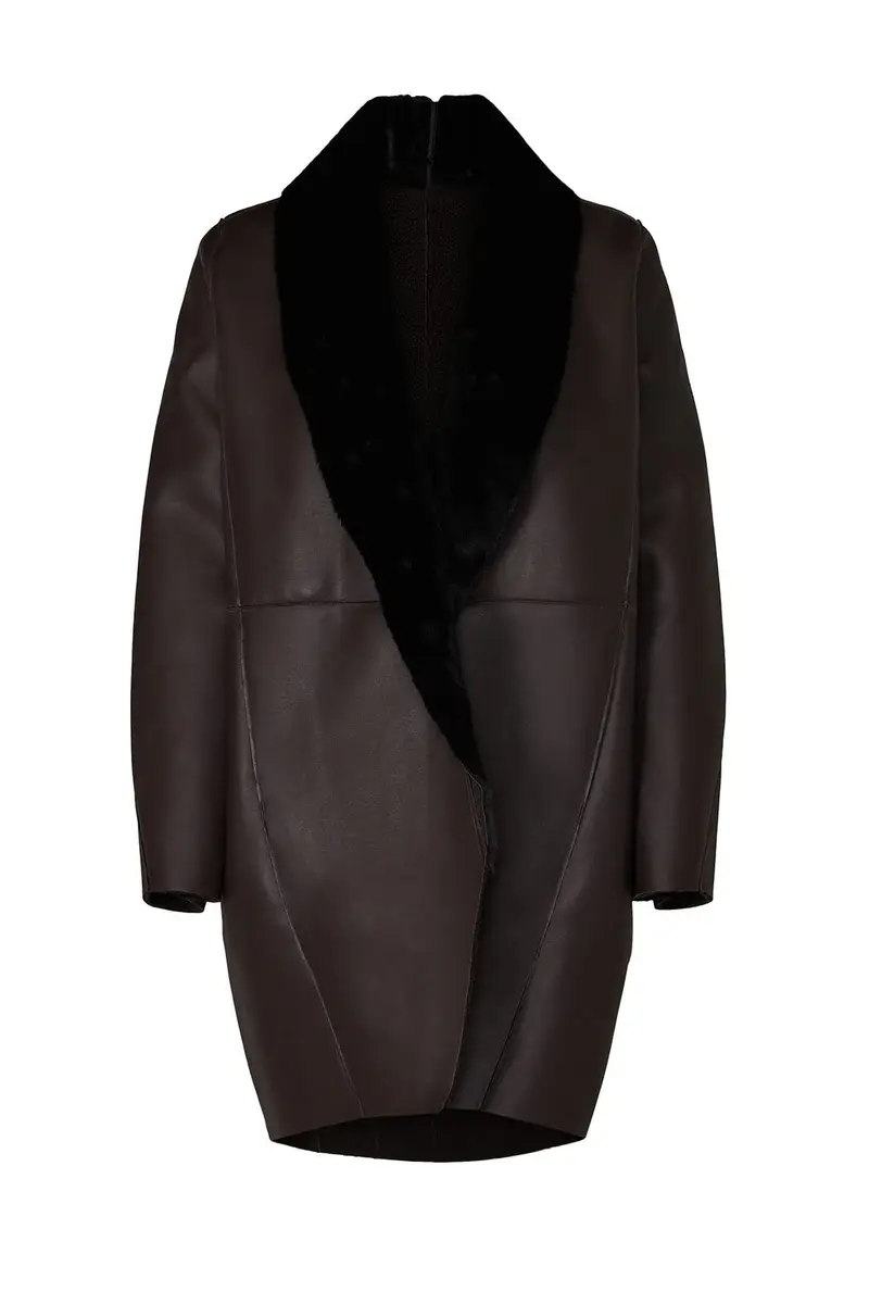 Victor Alfaro Collective Brown Faux Leather Coat Medium | Plush Shawl Collar, Fitted Fit, Fall Season - view 2