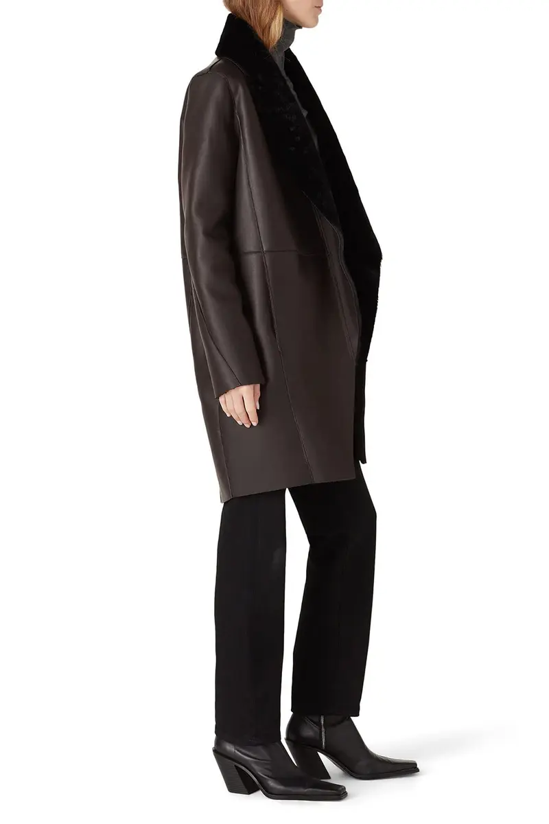 Victor Alfaro Collective Brown Faux Leather Coat Medium | Plush Shawl Collar, Fitted Fit, Fall Season - view 3