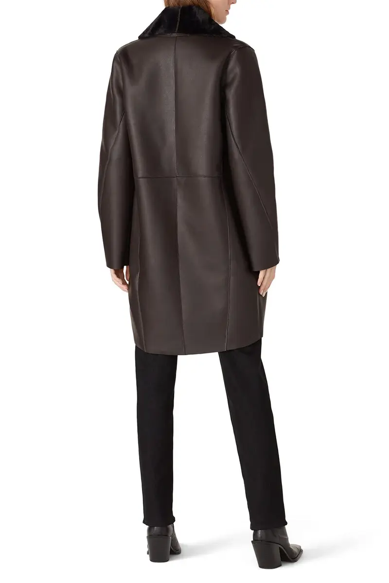 Victor Alfaro Collective Brown Faux Leather Coat Medium | Plush Shawl Collar, Fitted Fit, Fall Season - view 4