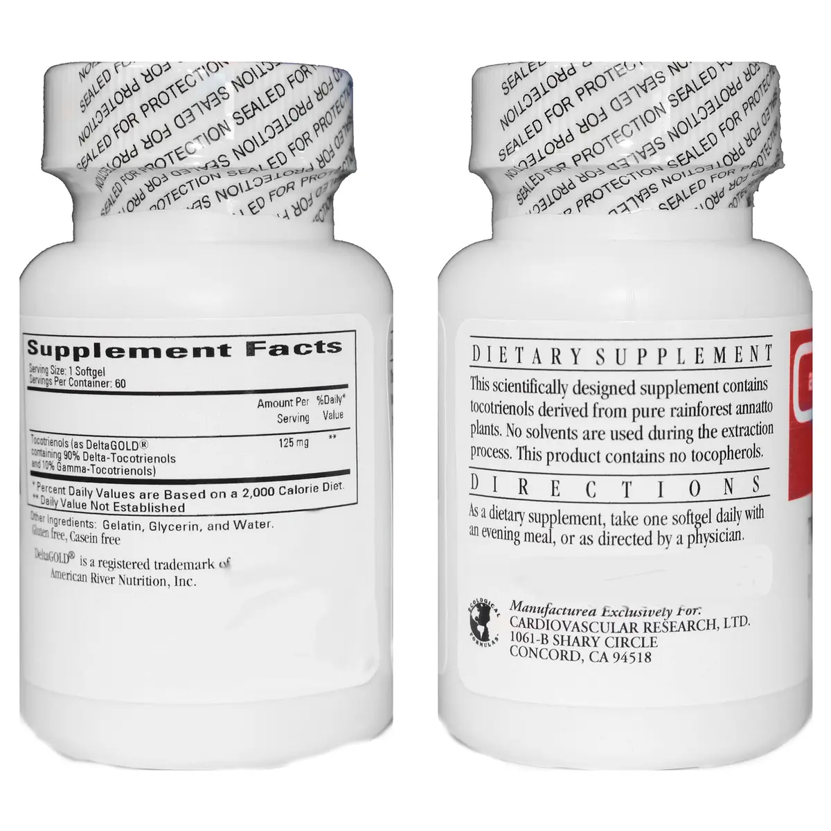 Cardiovascular Research 120 Softgels 125 mg Vitamin E Annatto Tocotrienols | Pure DeltaGOLD, 90% Delta & 10% Gamma, Gluten-Free - view 2