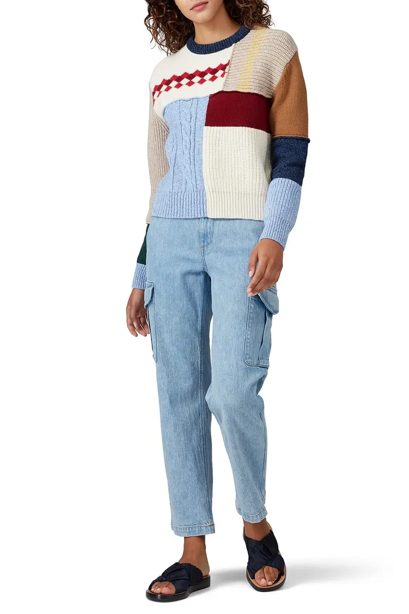 ALEXACHUNG Wool Patchwork Sweater | Crew Neck, Small, Multicolored, Fitted - main product image