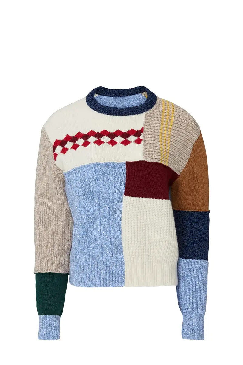 ALEXACHUNG Wool Patchwork Sweater | Crew Neck, Small, Multicolored, Fitted - view 2