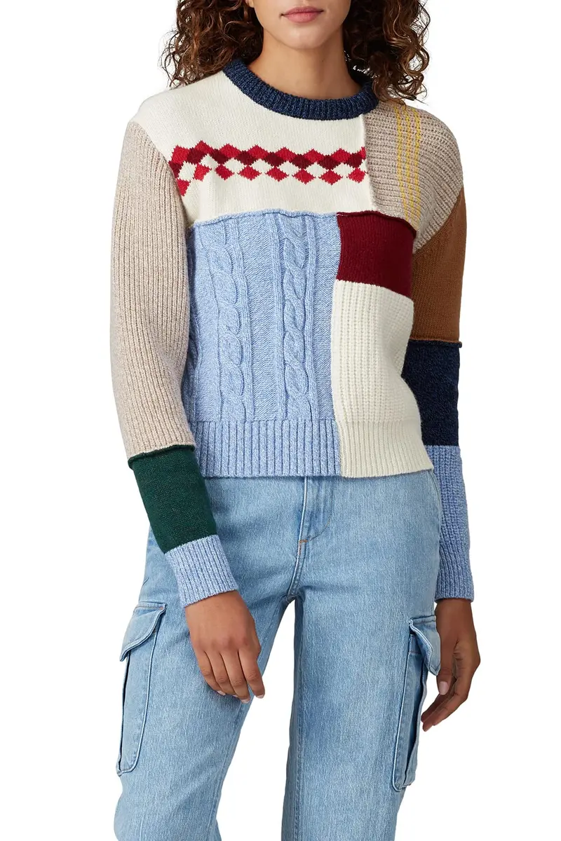 ALEXACHUNG Wool Patchwork Sweater | Crew Neck, Small, Multicolored, Fitted - view 3
