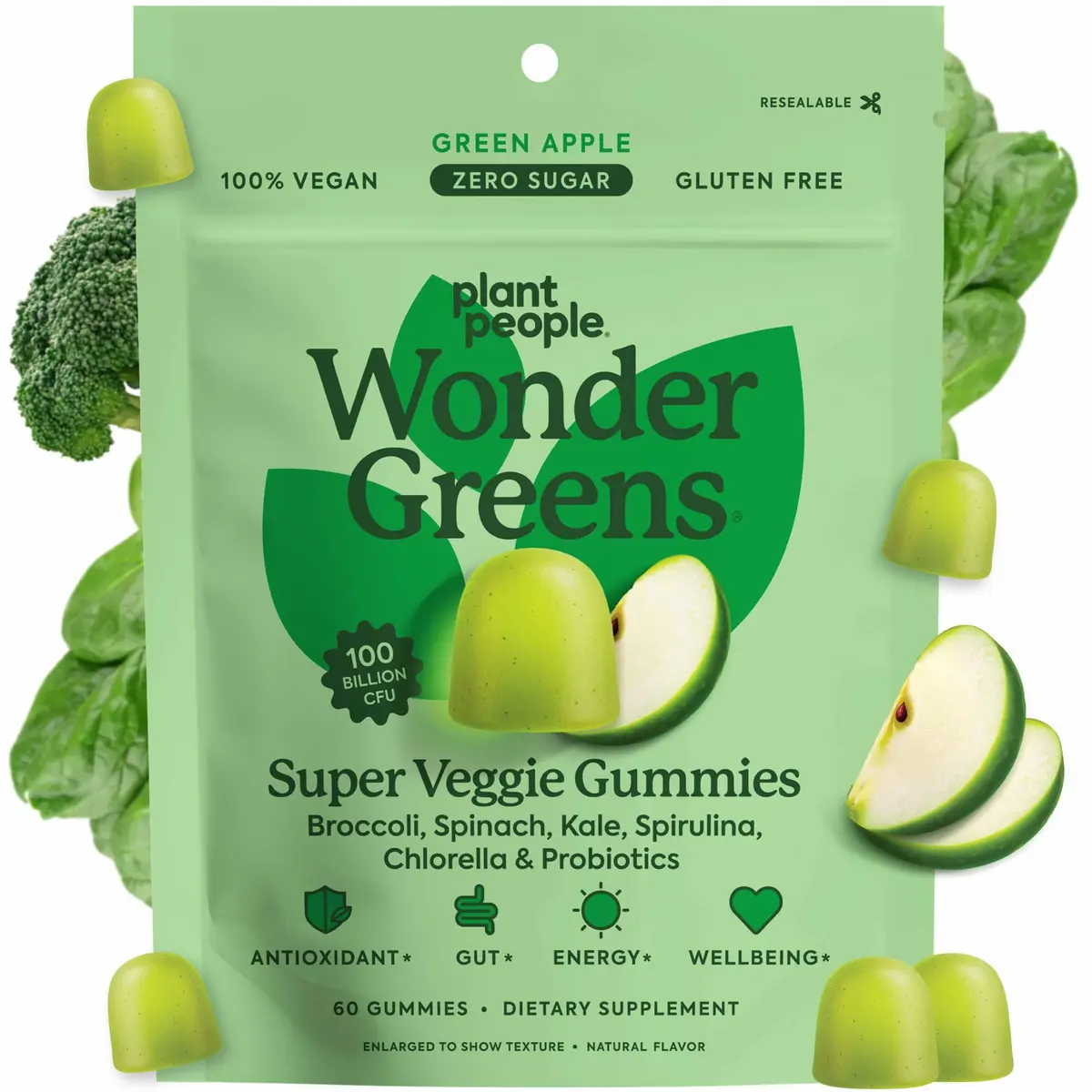 Plant People WonderGreens Veggie Gummies, Super Greens & Probiotics, 60ct | Vegan, Gluten-Free, Green Apple Flavor - main product image