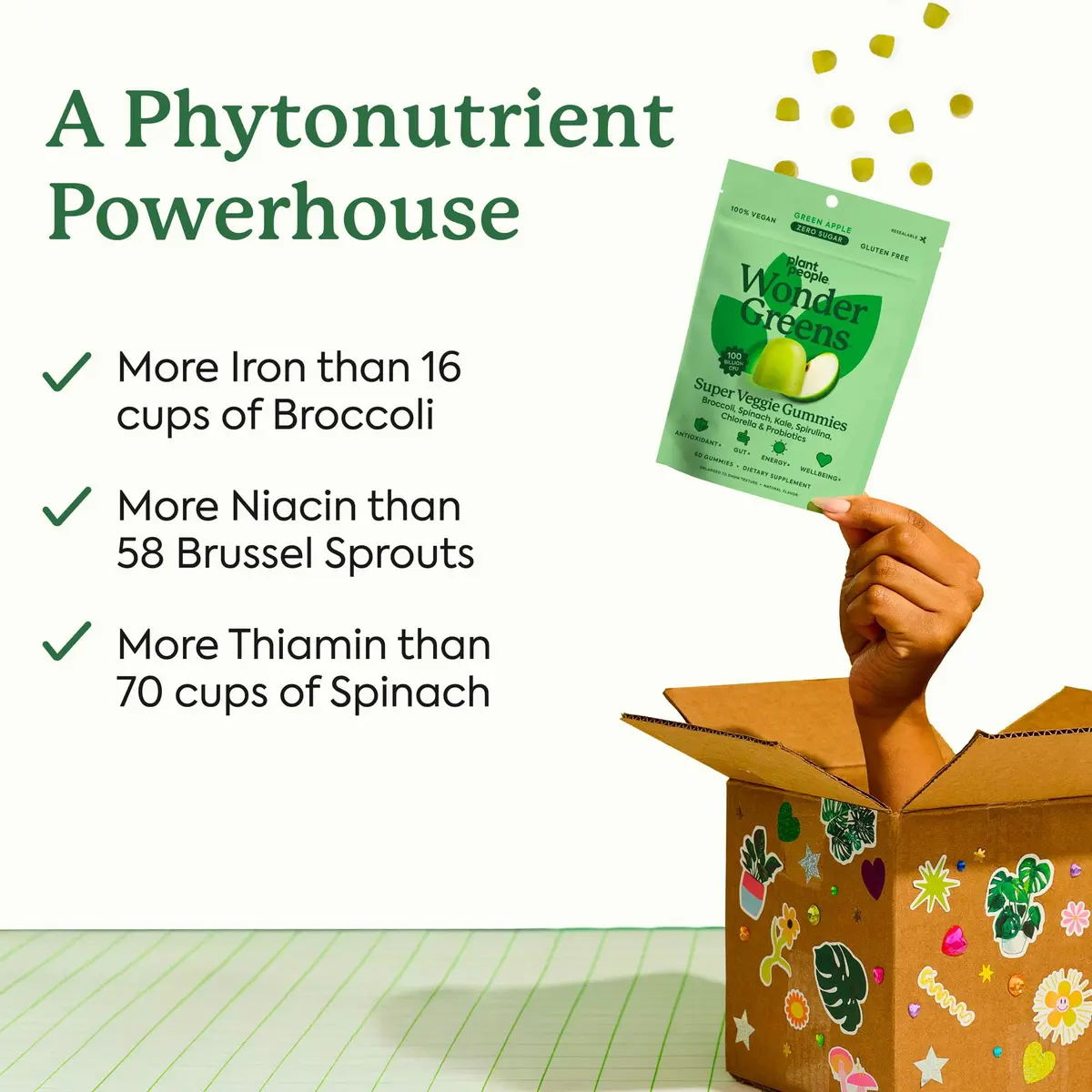 Plant People WonderGreens Veggie Gummies, Super Greens & Probiotics, 60ct | Vegan, Gluten-Free, Green Apple Flavor - view 2