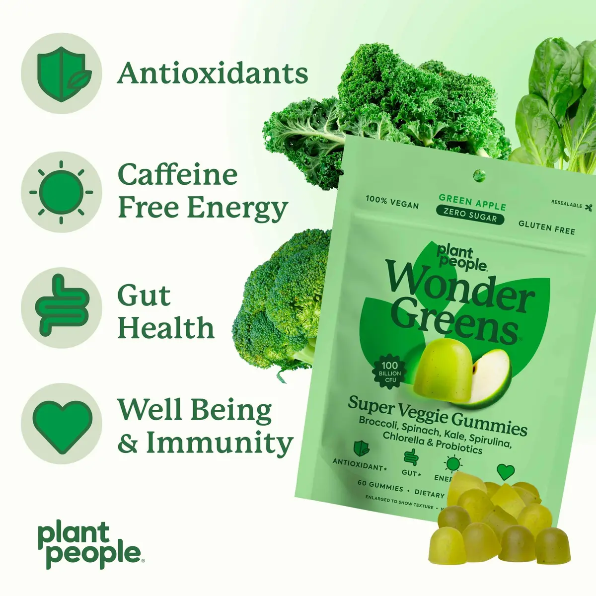 Plant People WonderGreens Veggie Gummies, Super Greens & Probiotics, 60ct | Vegan, Gluten-Free, Green Apple Flavor - view 4