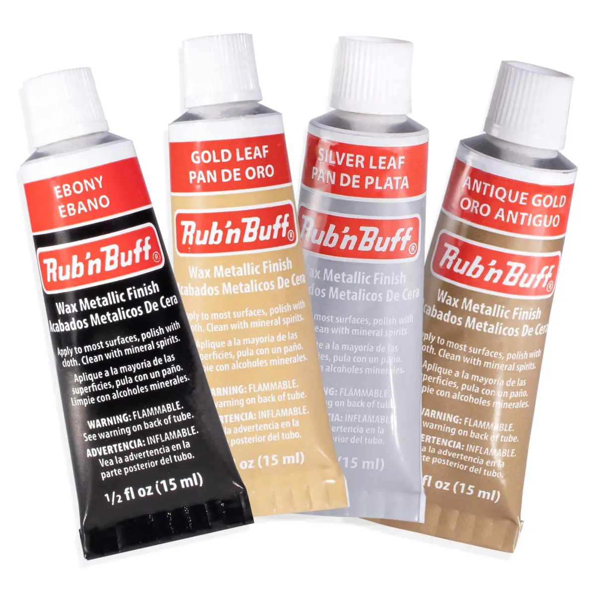 AMACO Rub 'n Buff Wax Metallic Finish Kit | 4 x 15ml Tubes (0.5 Fl Oz Each) | Antique Gold, Silver Leaf, Gold Leaf, Ebony - main product image