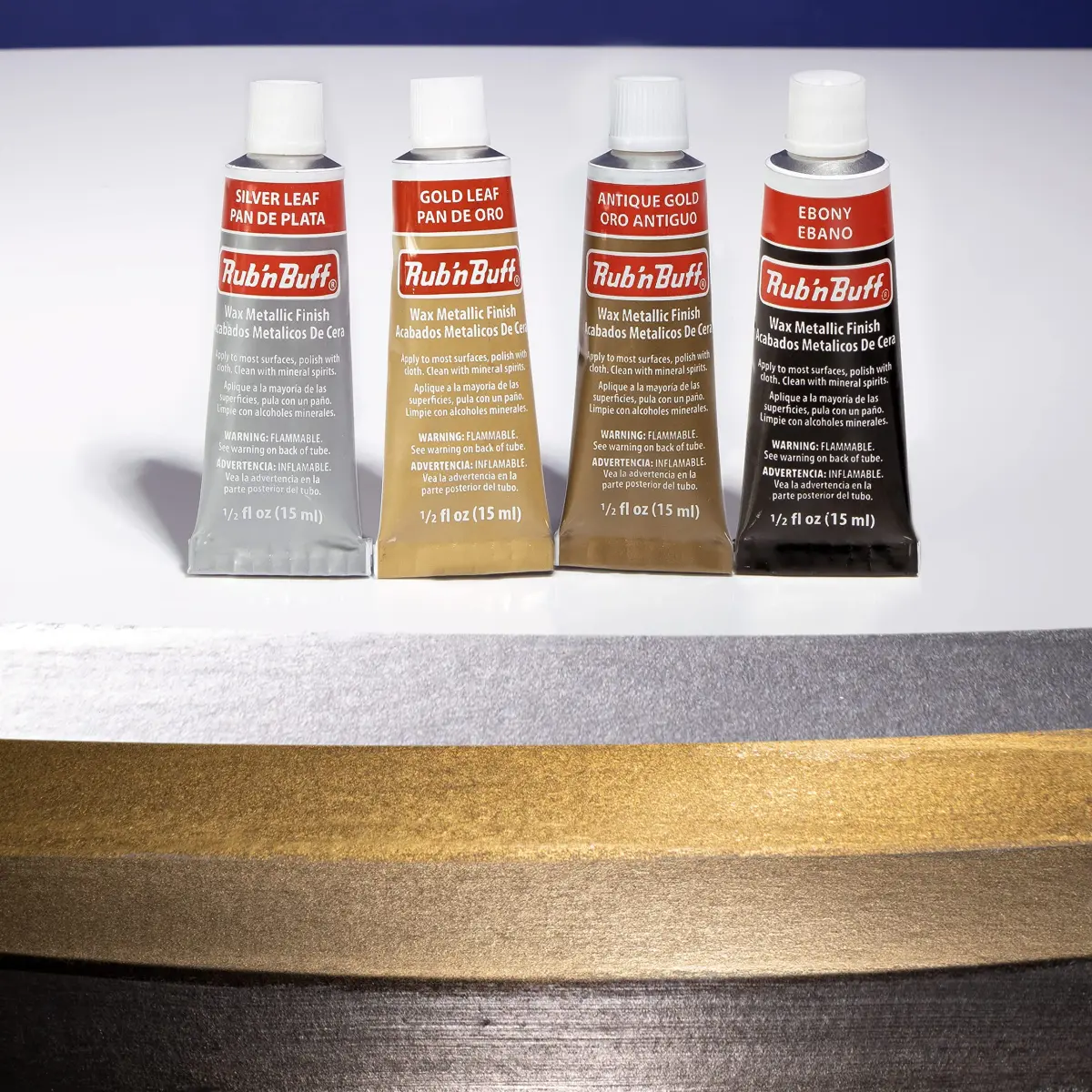 AMACO Rub 'n Buff Wax Metallic Finish Kit | 4 x 15ml Tubes (0.5 Fl Oz Each) | Antique Gold, Silver Leaf, Gold Leaf, Ebony - view 2