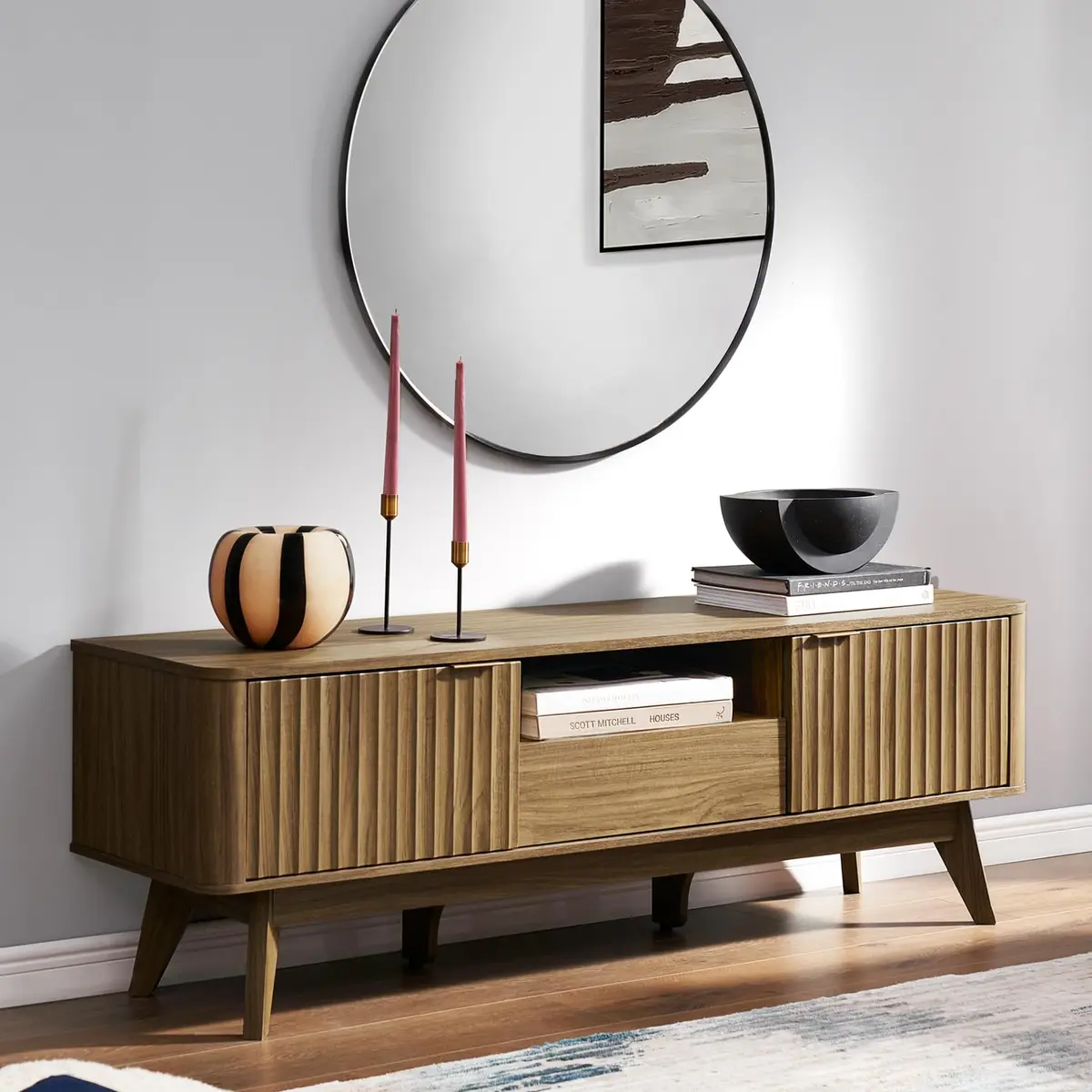 mopio Brooklyn TV Stand, Waveform, Mid-Century Modern 57" Walnut | Art Deco & Modern Style - main product image