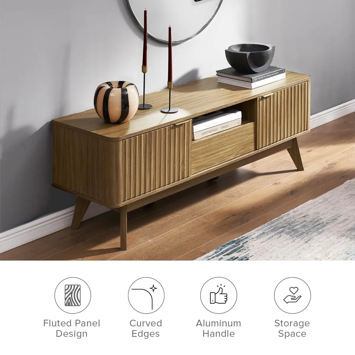mopio Brooklyn TV Stand, Waveform, Mid-Century Modern 57" Walnut | Art Deco & Modern Style - view 6