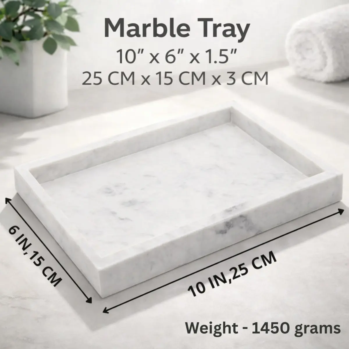 KC KULLICRAFT Natural White Marble Tray 25cm x 15cm (10" x 6") | Authentic Italian Carrara Marble Organizer - view 2
