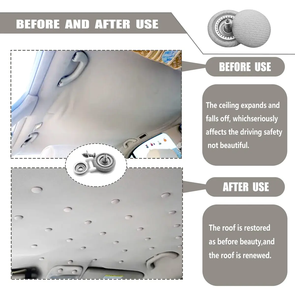 TEMI Grey Flannelette Car Roof Headliner Repair Kit with Installation Tool | 60PCS Universal Auto Interior Ceiling Cloth Fixing Buckles - view 5
