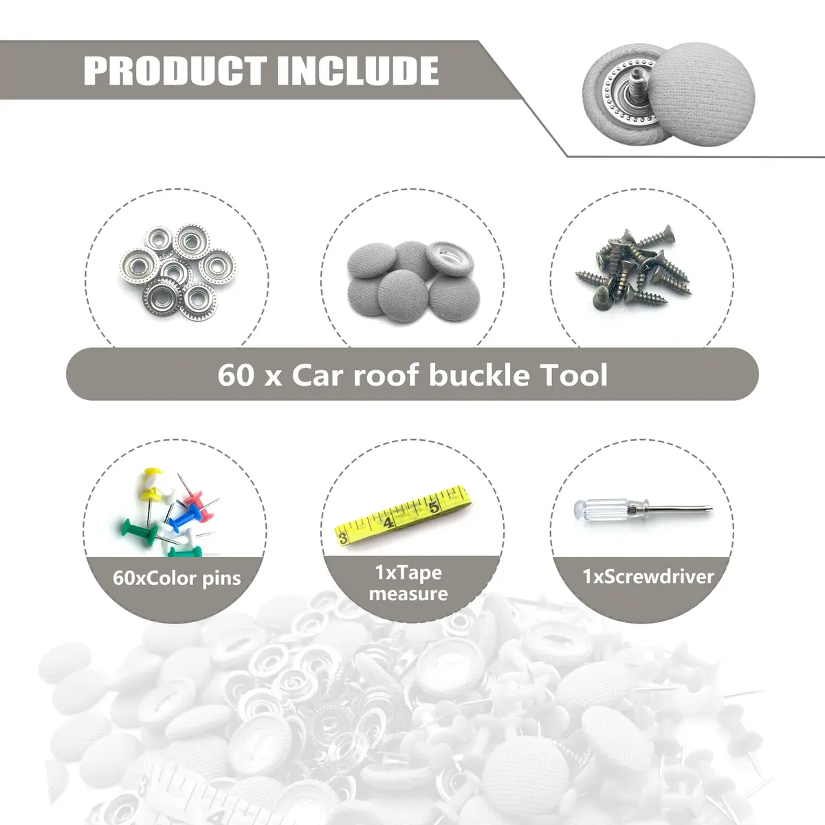 TEMI Grey Flannelette Car Roof Headliner Repair Kit with Installation Tool | 60PCS Universal Auto Interior Ceiling Cloth Fixing Buckles - view 3