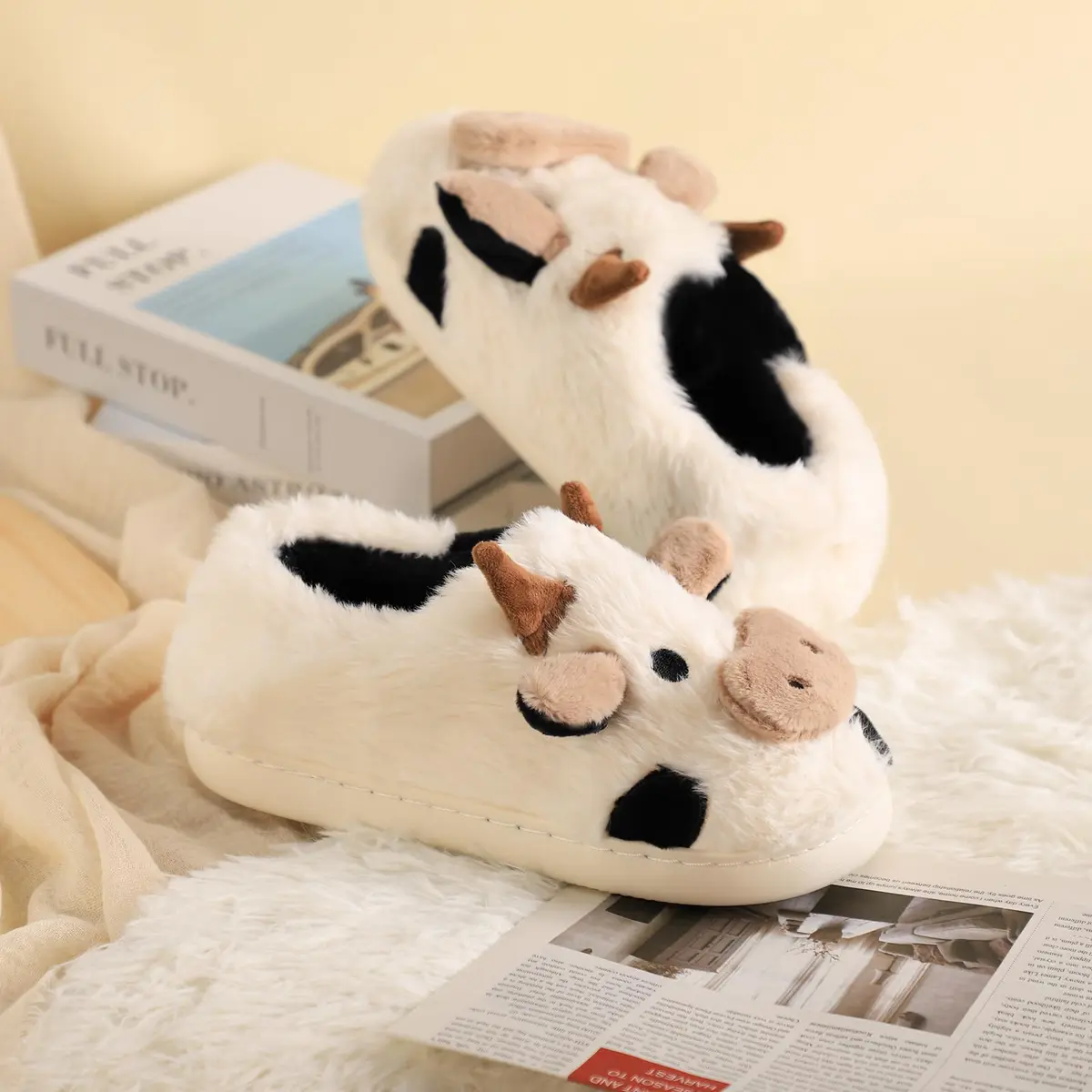 Gaolinci Cartoon Cow Cotton Slippers for Women - US 11 (28cm/11in) | Warm Fuzzy Indoor Outdoor House Shoes - view 6
