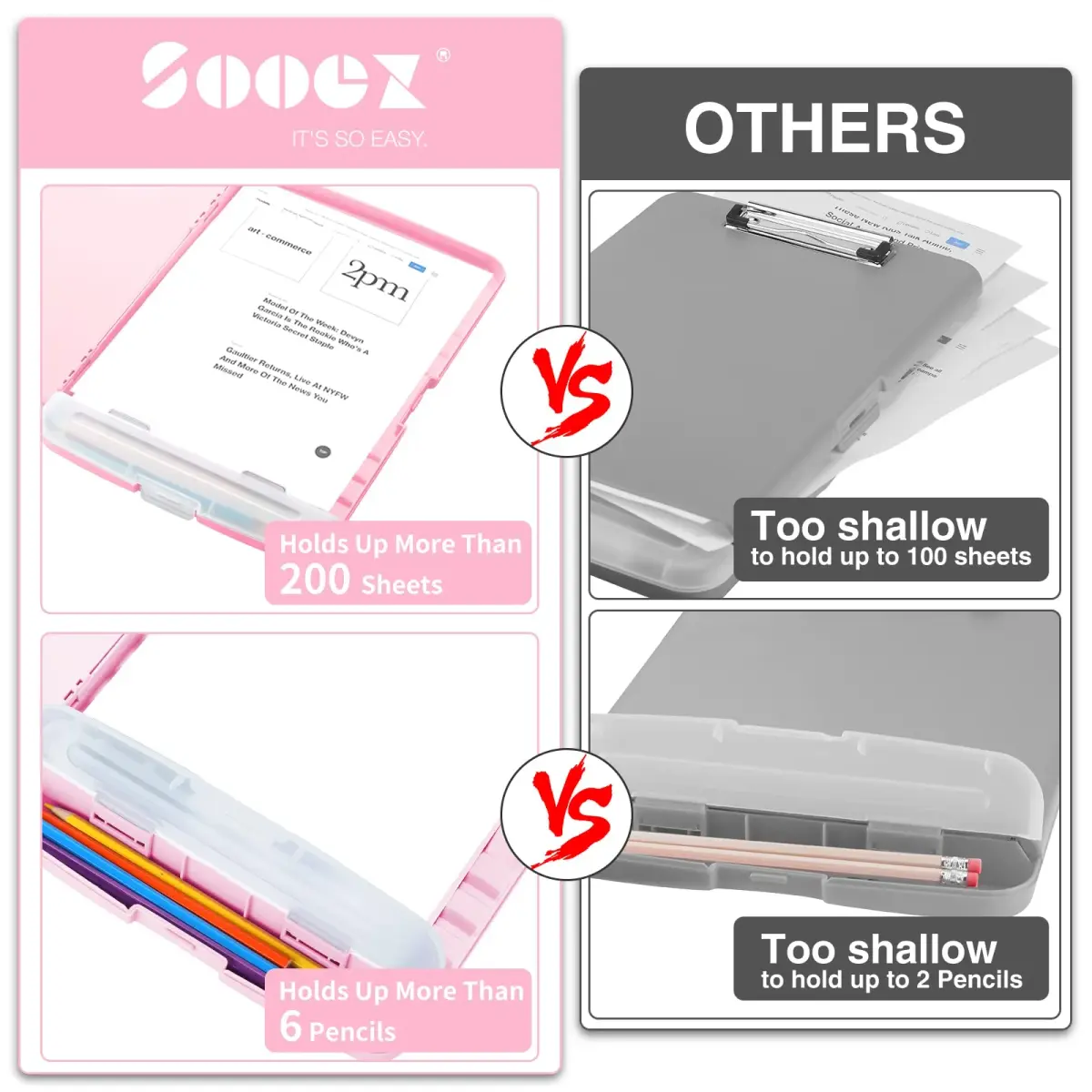 Sooez Storage Clipboard with Pen Holder & Compartments, 8.5x11 Letter Size, Light Pink | High Capacity for Students & Professionals - view 2