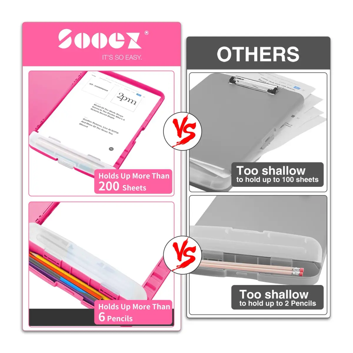 Sooez Storage Clipboard with Pen Holder, Heavy Duty Nursing Clipboard Folder, Plastic Clipboard for Women Teachers Work, School & Office Supplies (Rose Red, 8.5x11) - view 2