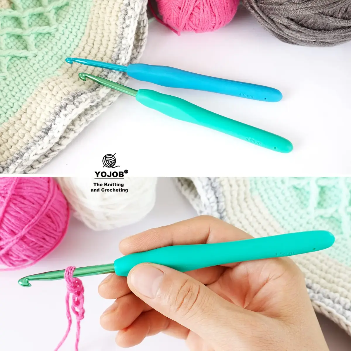YOJOB Ergonomic Crochet Hooks Set (4mm, 4.5mm) | Smooth Aluminum Metal with Soft Grip - view 4