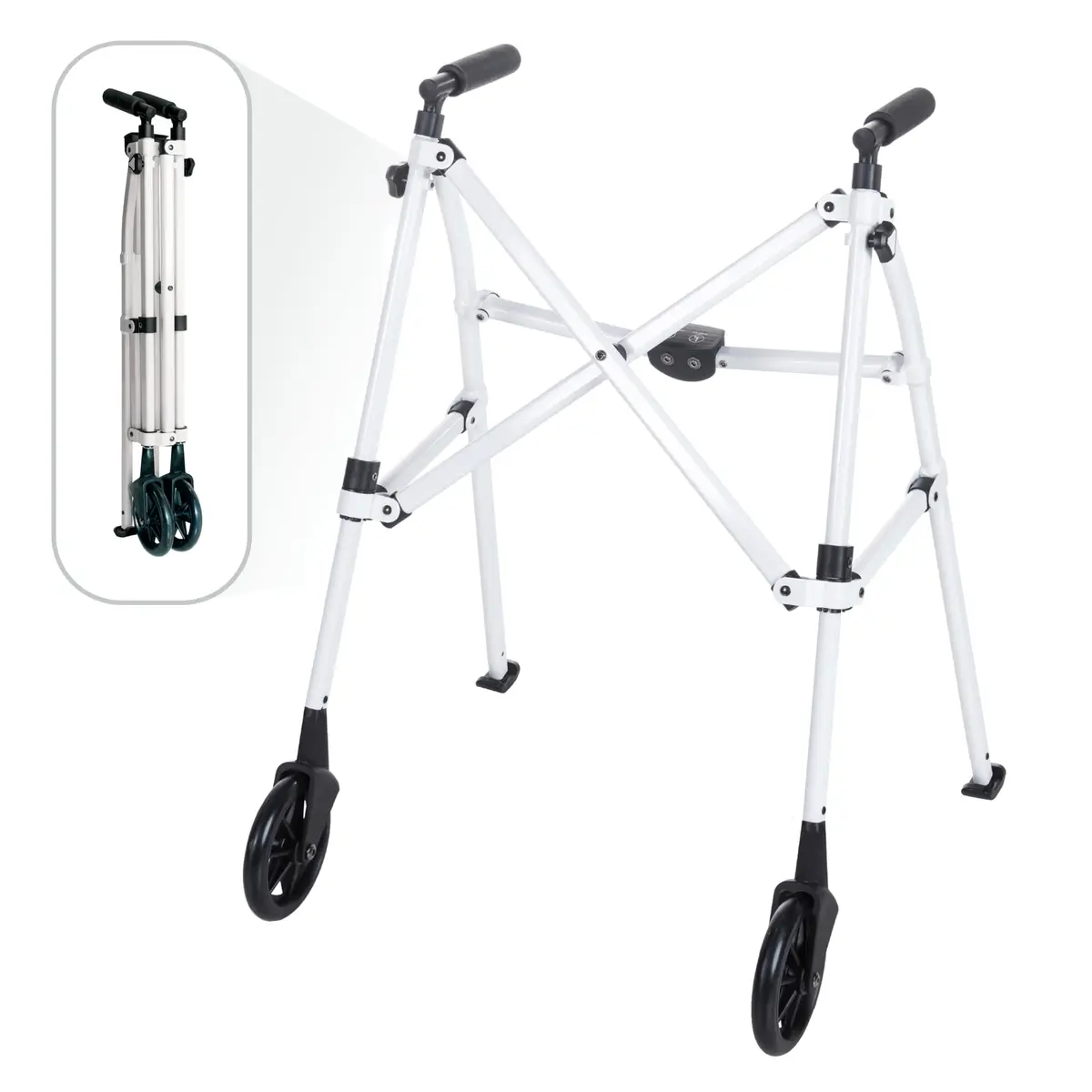 Stander Space Saver Walker Lightweight Folding Mobility Aid for Seniors & Adults, Compact 2-Wheel Device with 6-inch Wheels & Ski Glides, Vivid White | Space-Saving Design - main product image