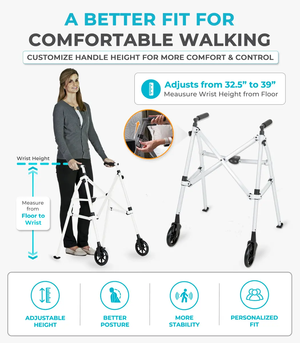 Stander Space Saver Walker Lightweight Folding Mobility Aid for Seniors & Adults, Compact 2-Wheel Device with 6-inch Wheels & Ski Glides, Vivid White | Space-Saving Design - view 5