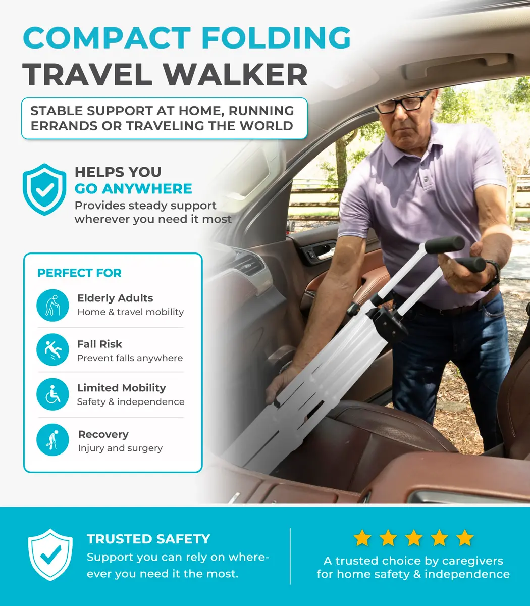 Stander Space Saver Walker Lightweight Folding Mobility Aid for Seniors & Adults, Compact 2-Wheel Device with 6-inch Wheels & Ski Glides, Vivid White | Space-Saving Design - view 7