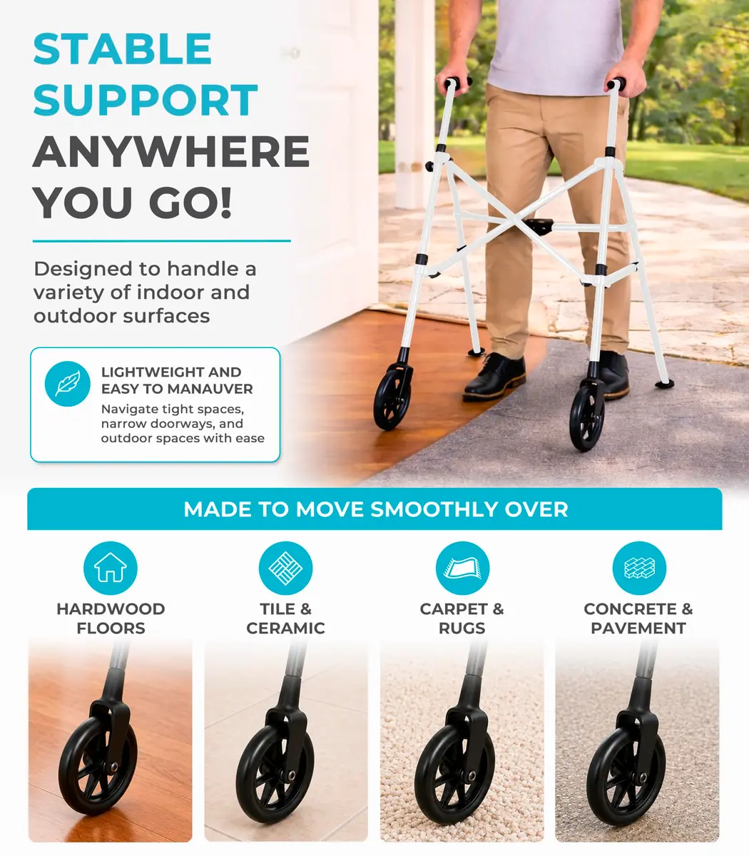 Stander Space Saver Walker Lightweight Folding Mobility Aid for Seniors & Adults, Compact 2-Wheel Device with 6-inch Wheels & Ski Glides, Vivid White | Space-Saving Design - view 8