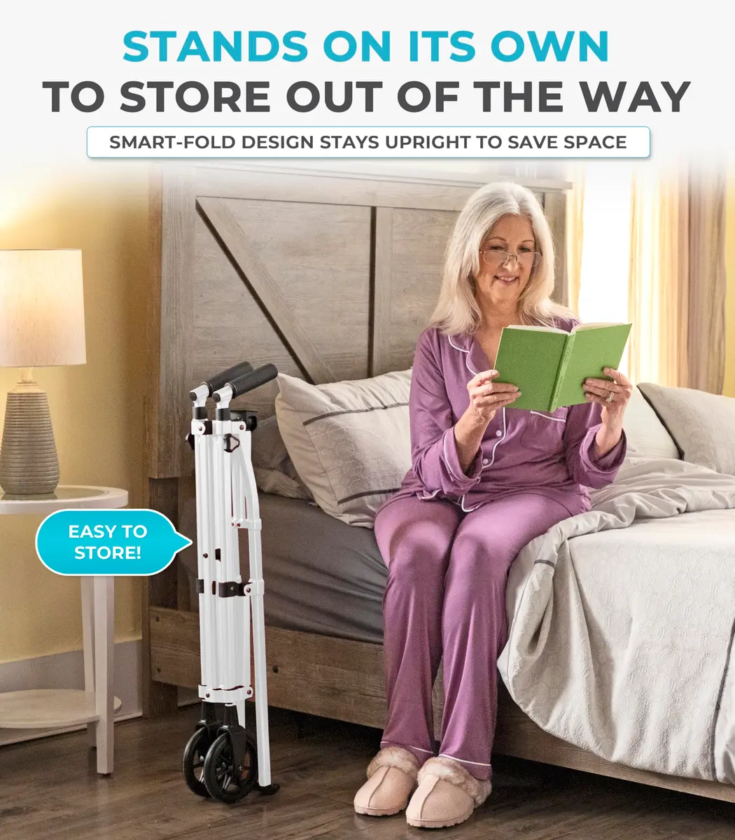 Stander Space Saver Walker Lightweight Folding Mobility Aid for Seniors & Adults, Compact 2-Wheel Device with 6-inch Wheels & Ski Glides, Vivid White | Space-Saving Design - view 9