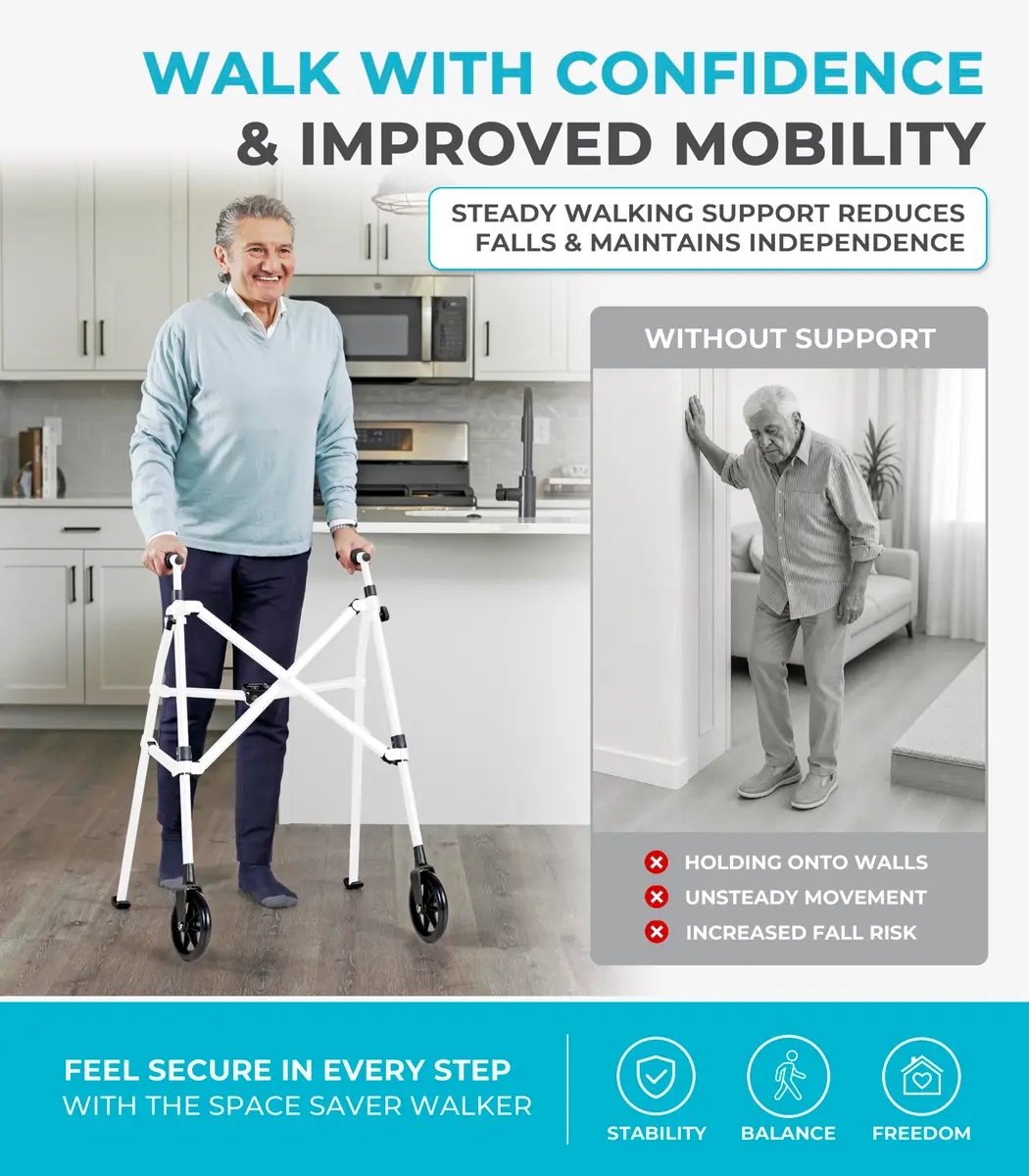 Stander Space Saver Walker Lightweight Folding Mobility Aid for Seniors & Adults, Compact 2-Wheel Device with 6-inch Wheels & Ski Glides, Vivid White | Space-Saving Design - view 2