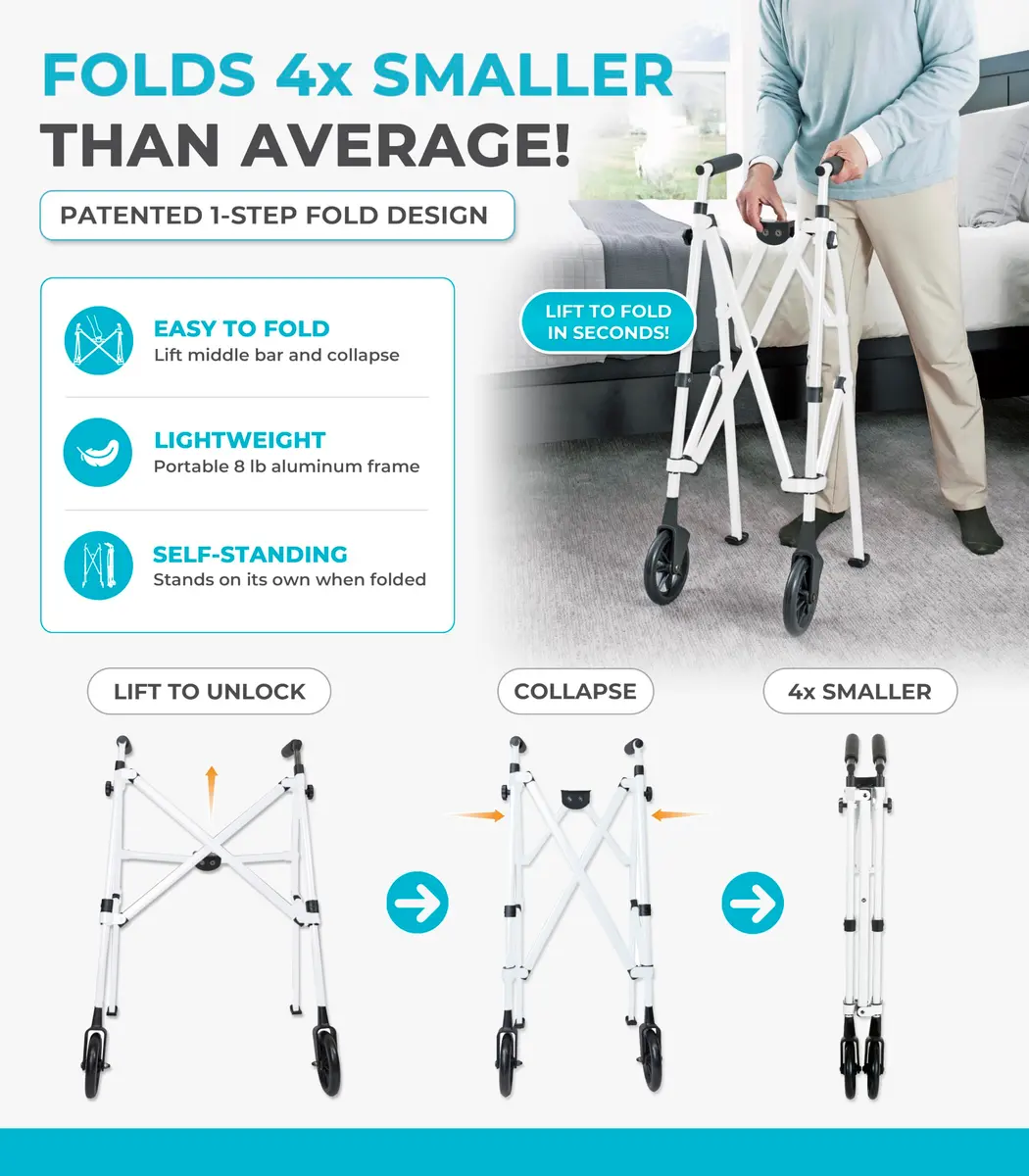 Stander Space Saver Walker Lightweight Folding Mobility Aid for Seniors & Adults, Compact 2-Wheel Device with 6-inch Wheels & Ski Glides, Vivid White | Space-Saving Design - view 3