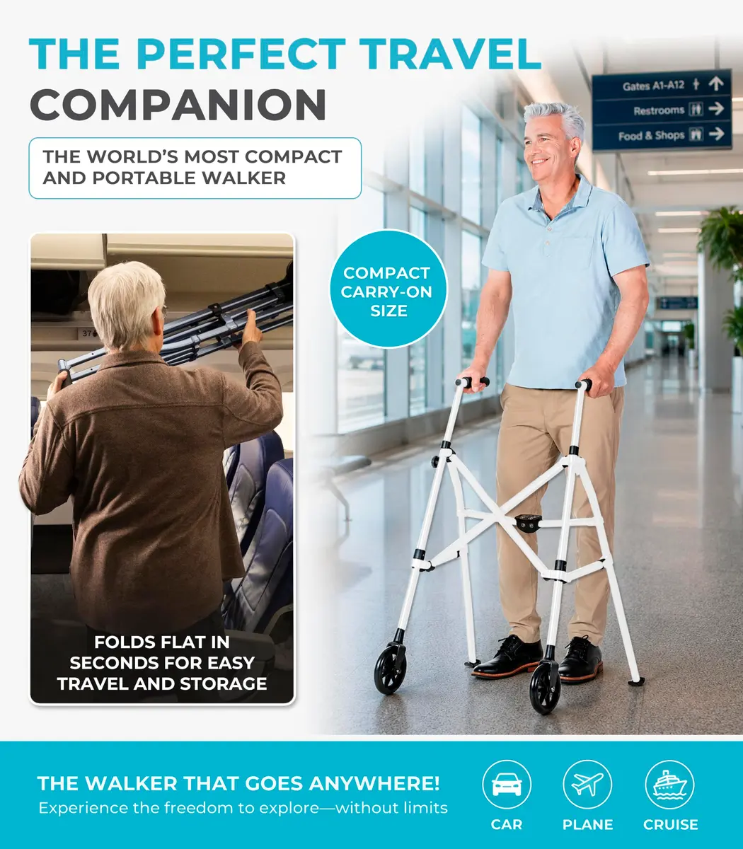 Stander Space Saver Walker Lightweight Folding Mobility Aid for Seniors & Adults, Compact 2-Wheel Device with 6-inch Wheels & Ski Glides, Vivid White | Space-Saving Design - view 4