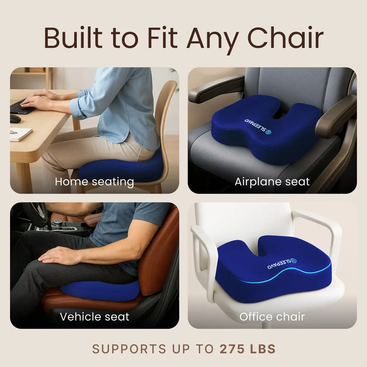 Sleepavo Office Chair Cushion, Seat Cushion for Tailbone Pain Relief Butt | Memory Foam, Navy Blue - view 7