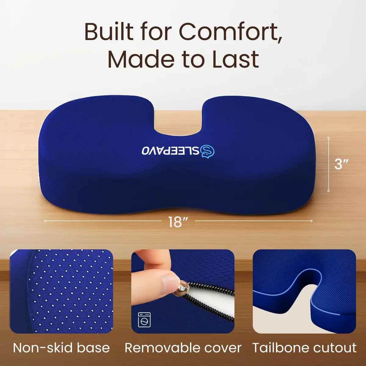 Sleepavo Office Chair Cushion, Seat Cushion for Tailbone Pain Relief Butt | Memory Foam, Navy Blue - view 3