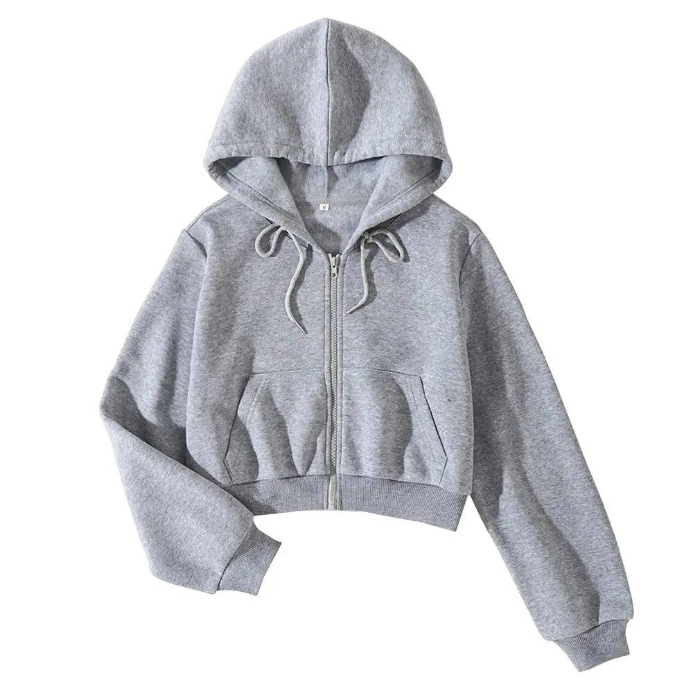 LOFAAC Women Fleece Full Zip Up Cropped Hoodie Sweatshirt 90s Long Sleeve Drawstring Hooded Crop Jacket Top (S,US,Women,Light Grey) | Casual Workout Style - main product image