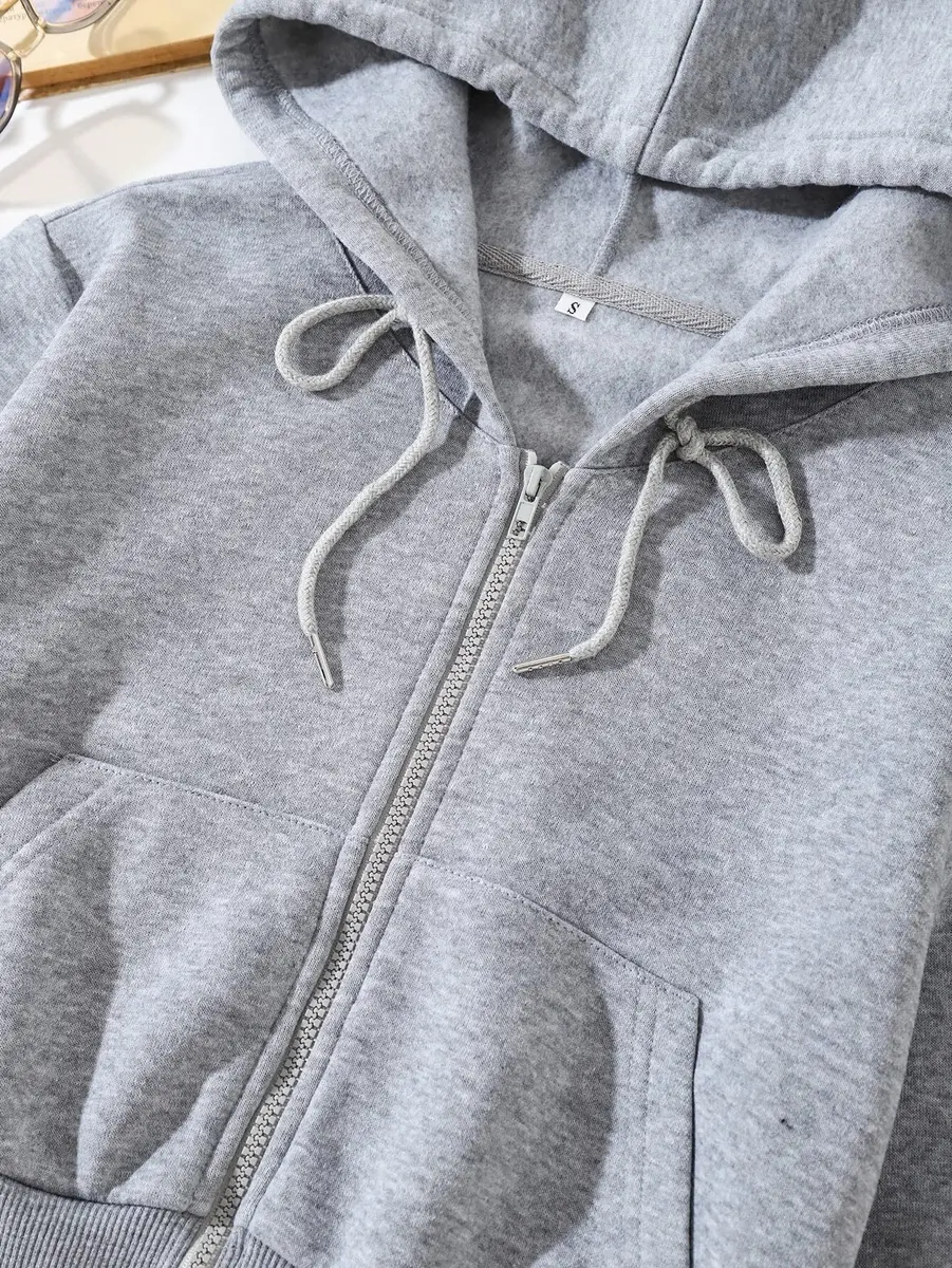LOFAAC Women Fleece Full Zip Up Cropped Hoodie Sweatshirt 90s Long Sleeve Drawstring Hooded Crop Jacket Top (S,US,Women,Light Grey) | Casual Workout Style - view 6
