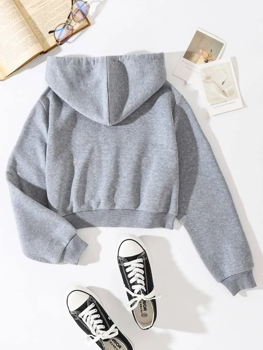 LOFAAC Women Fleece Full Zip Up Cropped Hoodie Sweatshirt 90s Long Sleeve Drawstring Hooded Crop Jacket Top (S,US,Women,Light Grey) | Casual Workout Style - view 4