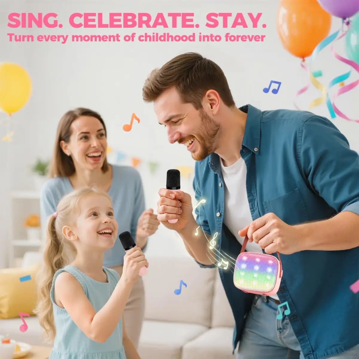 YLL Pink Karaoke Machine for Kids | Portable Bluetooth Speaker with 2 Wireless Microphones & Magic Voices (Mini Size) - view 6