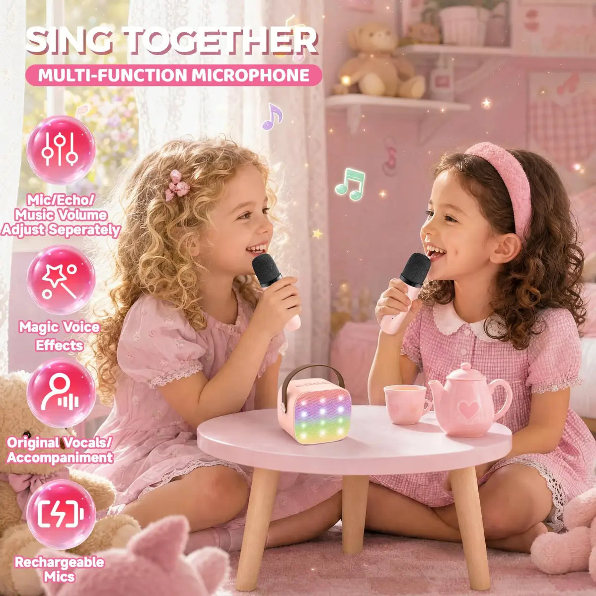 YLL Pink Karaoke Machine for Kids | Portable Bluetooth Speaker with 2 Wireless Microphones & Magic Voices (Mini Size) - view 7