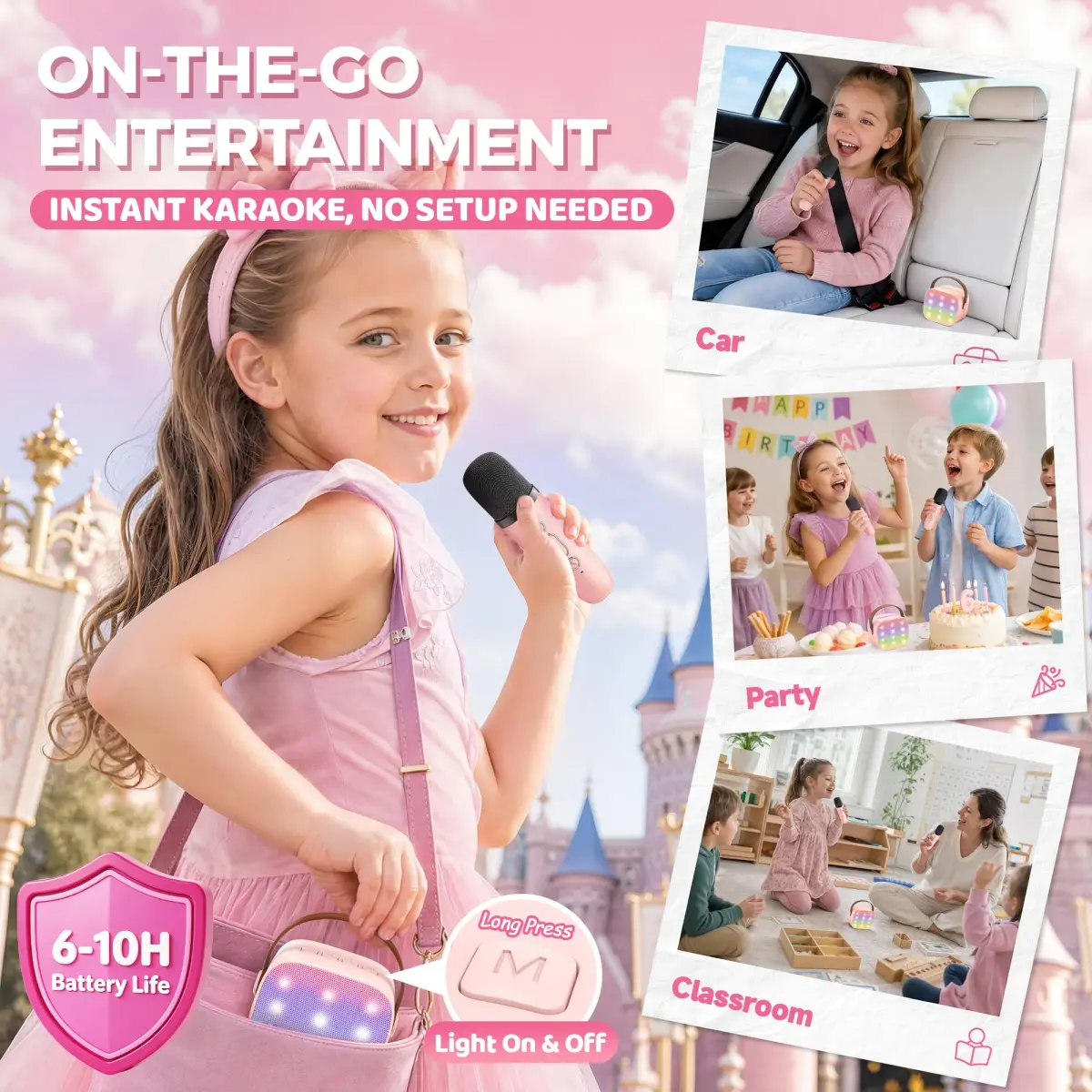 YLL Pink Karaoke Machine for Kids | Portable Bluetooth Speaker with 2 Wireless Microphones & Magic Voices (Mini Size) - view 9